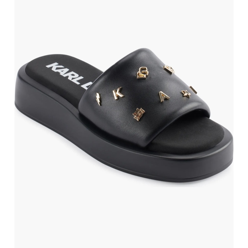 KARL LAGERFELD PARIS Black Platform Slide Sandal with Opal Studs Platform Sz 11